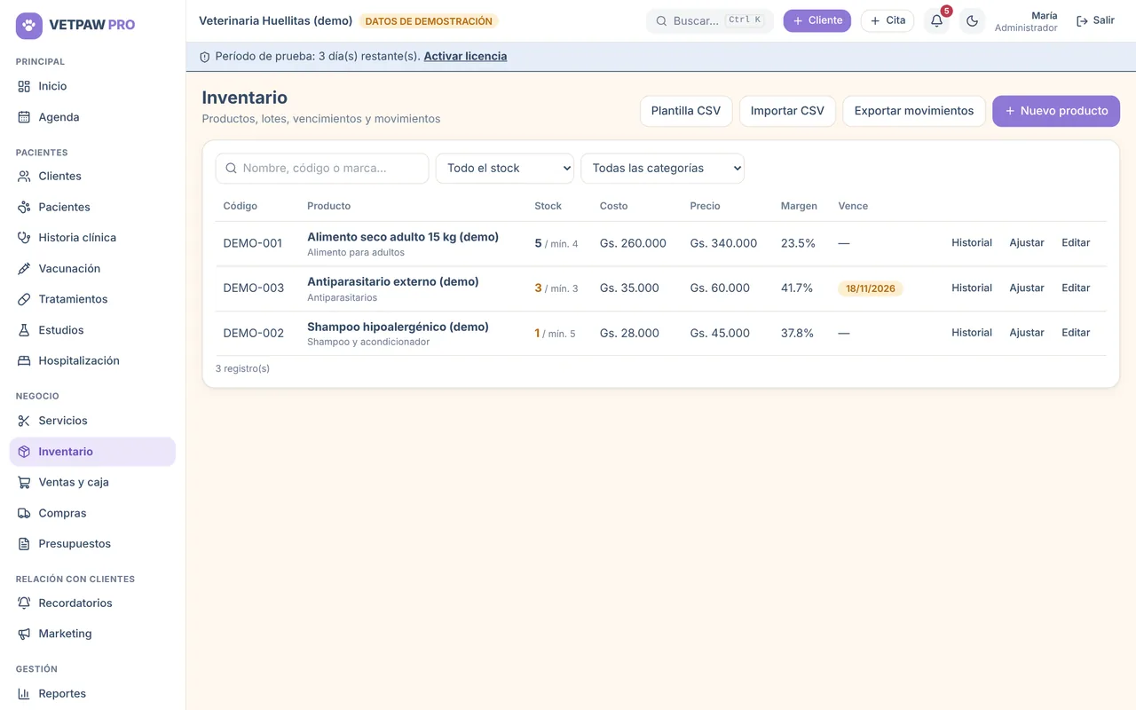Inventario con stock y vencimientos